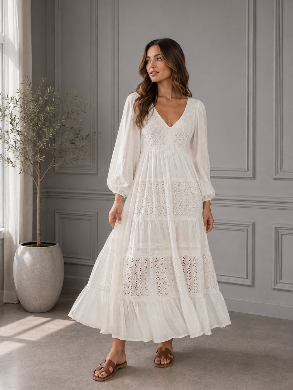 Free People Mockingbird Eyelet Puff Sleeve Open Back Maxi Dress XS B1533